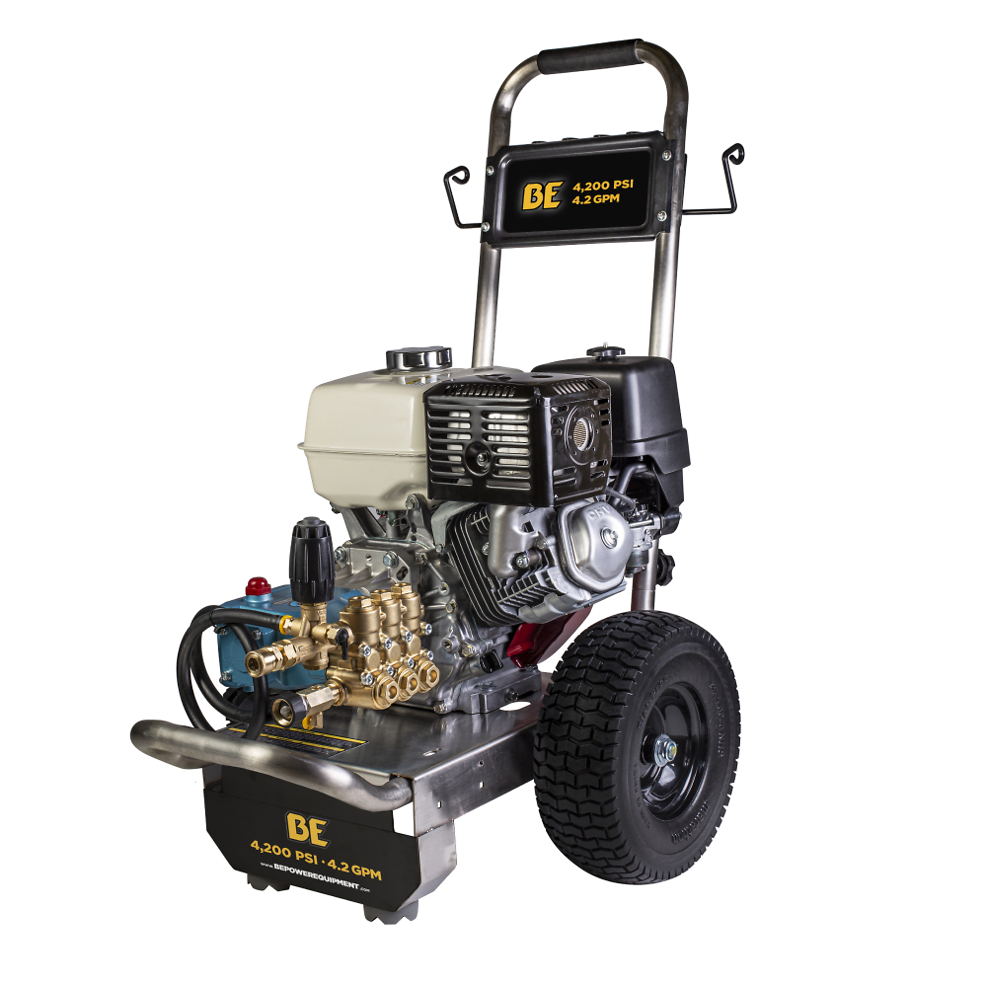 BE Power Equipment Cold Water Gas Pressure Washer — 4200 PSI, 4.2 GPM, Honda GX390 Engine, Cat Triplex Pump, Stainless Steel Frame, Model# B4213HSJS